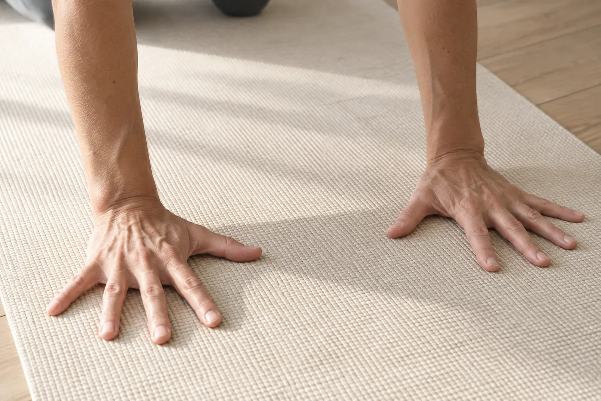 Deux mains à plat sur un tapis de yoga en coton tissé, doigts écartés, trame du tissu visible