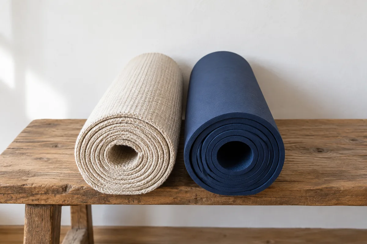 Deux tapis de yoga roulés côte à côte sur un banc en bois, l’un en coton tissé écru, l’autre en mousse unie bleu nuit