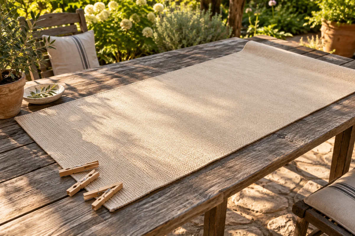 Natte de yoga en coton qui sèche à plat sur une table de jardin en bois avec des pinces à linge