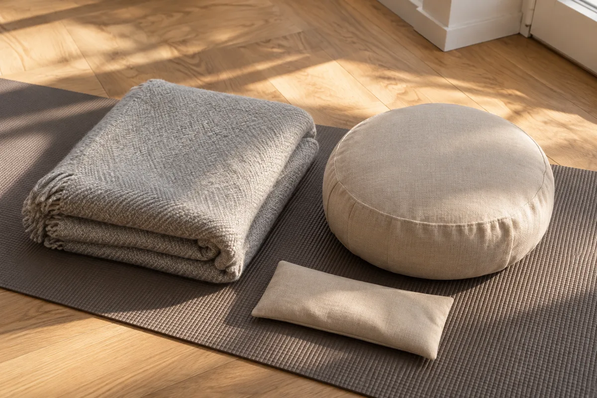 Couverture de laine pliée, coussin rond et bandeau de tissu posés sur un tapis déroulé, lumière de fin de journée