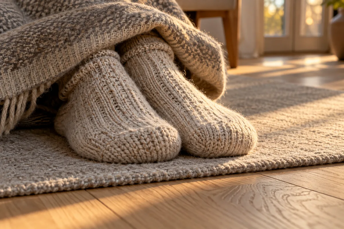 Pieds en chaussettes de laine dépassant de la couverture, sur un tapis posé sur un parquet clair