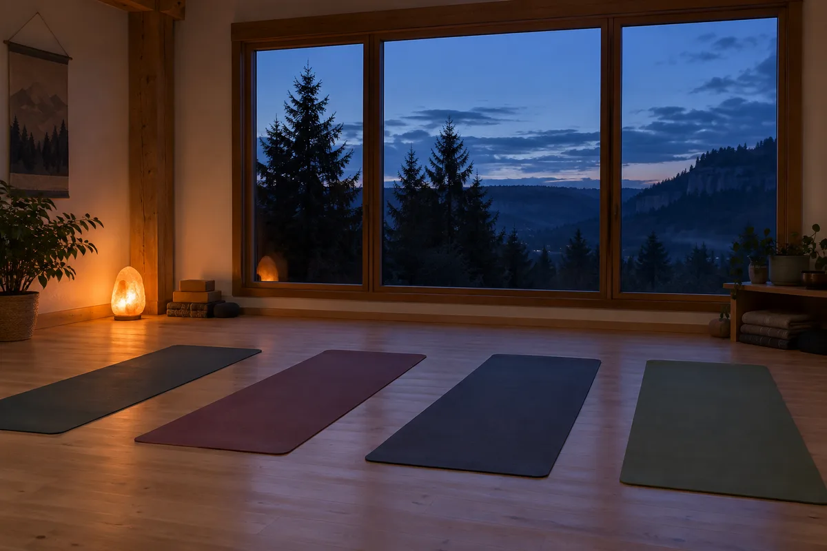 Salle de yoga au crépuscule, tapis alignés devant une grande fenêtre ouverte sur des sapins