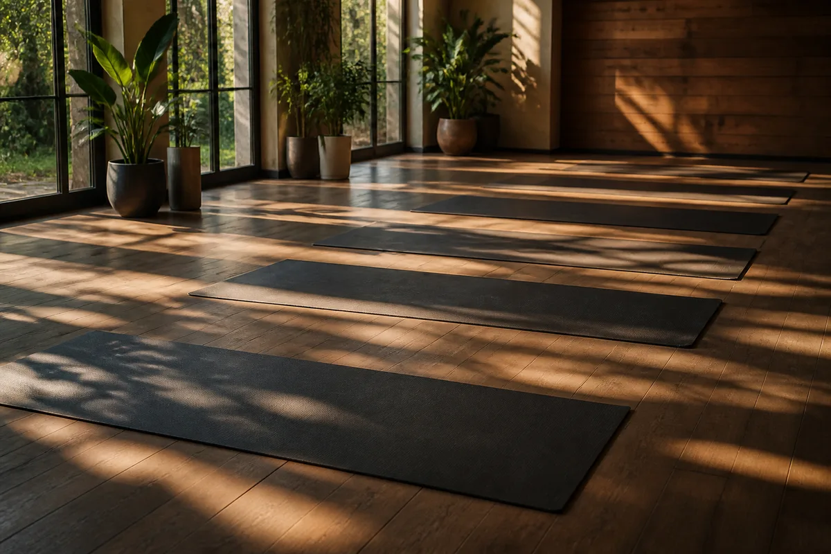 Tapis déroulés en rang dans une salle claire avant l&rsquo;arrivée des participants