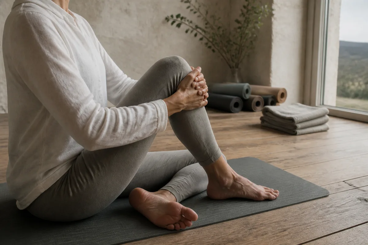 Personne assise sur un tapis à la maison, en tenue souple, pratiquant une posture simple