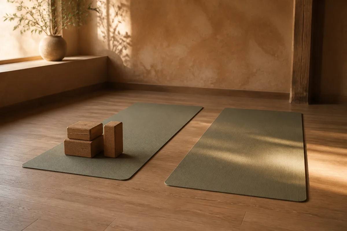 Deux tapis côte à côte, l’un avec des briques posées, l’autre nu, dans une salle de pratique