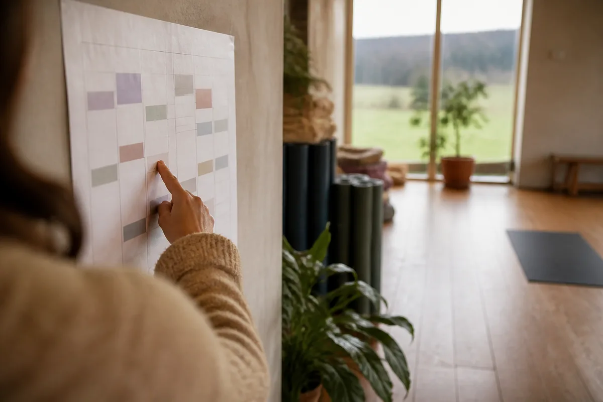 Personne consultant un planning de cours affiché au mur d’une salle de pratique