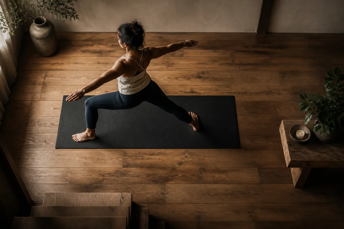 Pratiquant tenant une posture debout stable, dans une salle calme éclairée par la lumière du jour