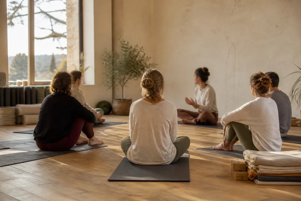 Petit groupe assis en cercle sur des tapis, échangeant avec l&rsquo;enseignante avant le début du cours