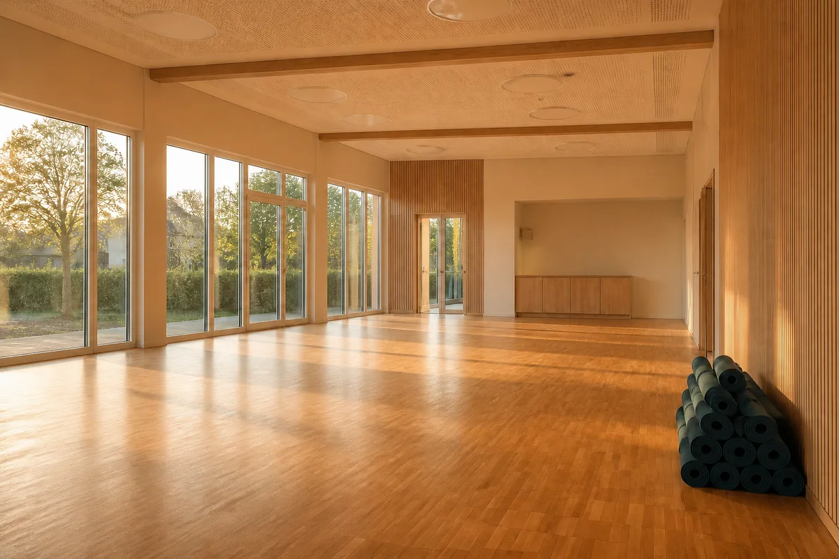 Salle municipale aux grandes fenêtres, parquet clair et tapis empilés le long d&rsquo;un mur