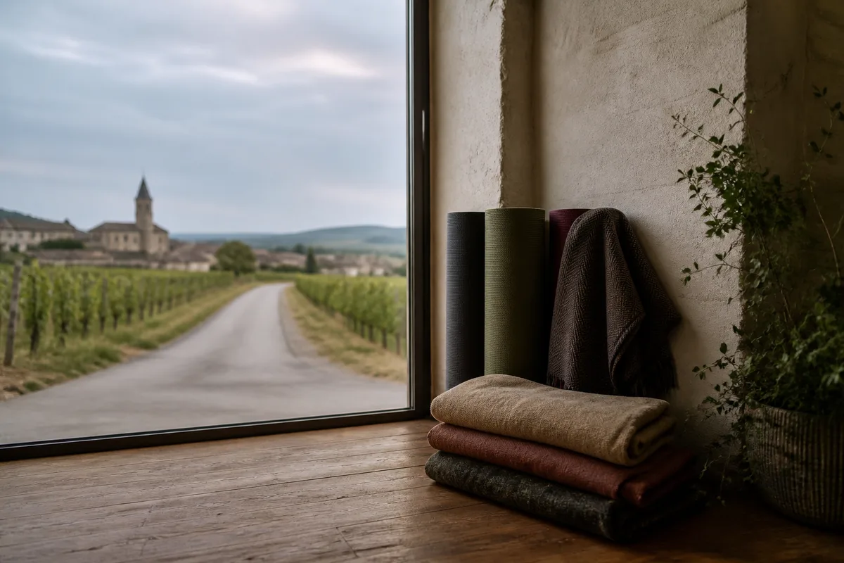 Route de campagne bordée de vignes menant vers une petite ville jurassienne en fin de journée