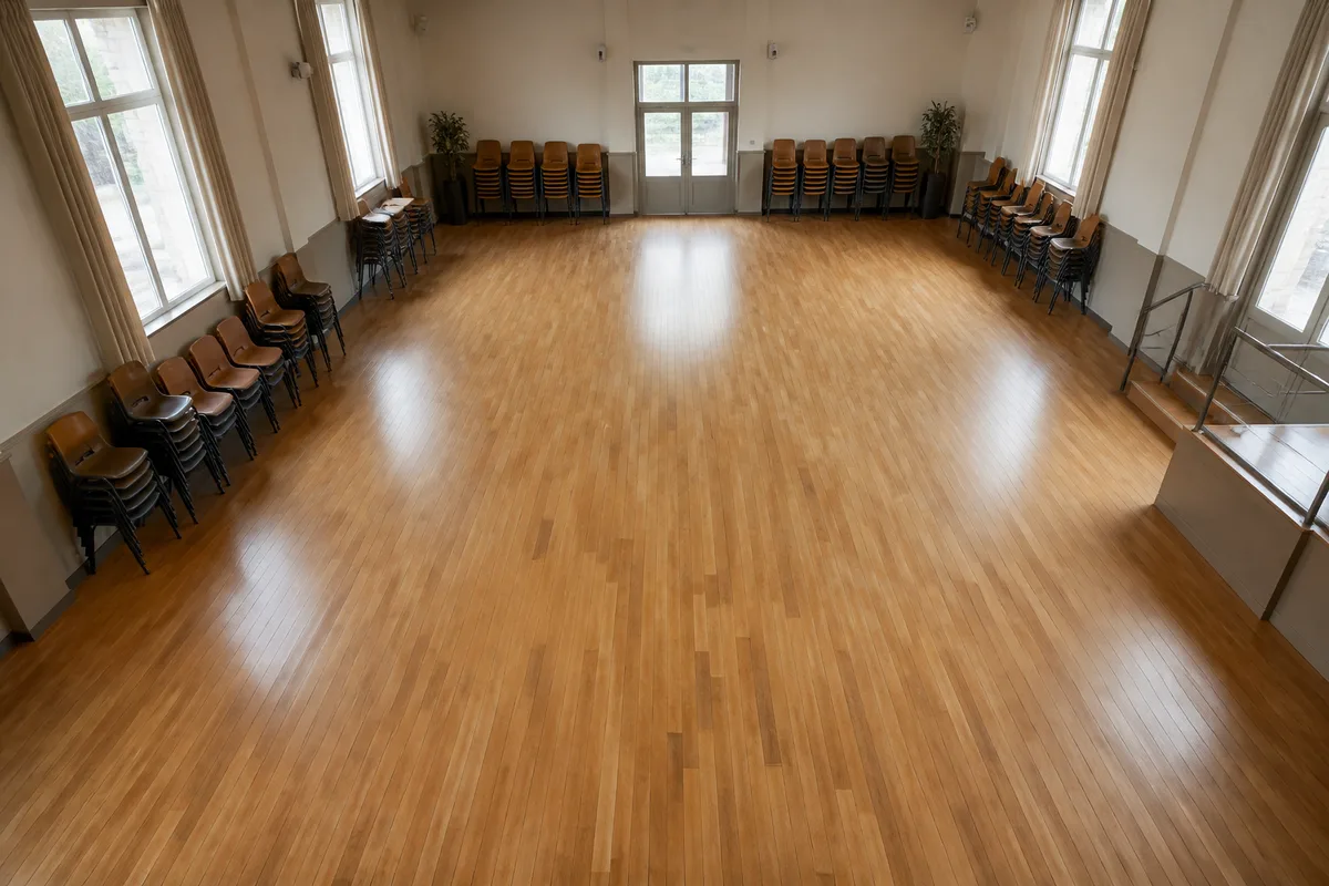 Salle des fêtes de village avec chaises empilées et parquet, prête à accueillir une activité du soir