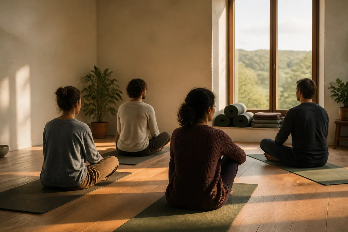 Petit groupe de quatre personnes sur des tapis, écoutant une consigne dans une salle simple